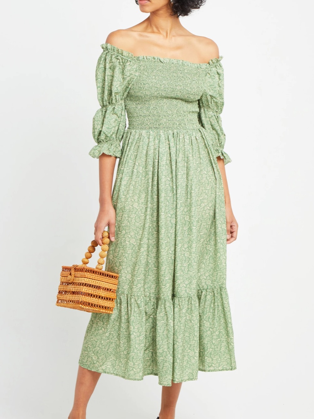 O.P.T. Sage Green Floral Smocked Puff Sleeve Midi Maxi Dress Size L Cottagecore